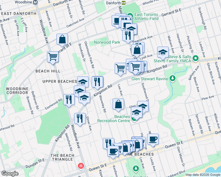 map of restaurants, bars, coffee shops, grocery stores, and more near 507 Kingston Road in Toronto