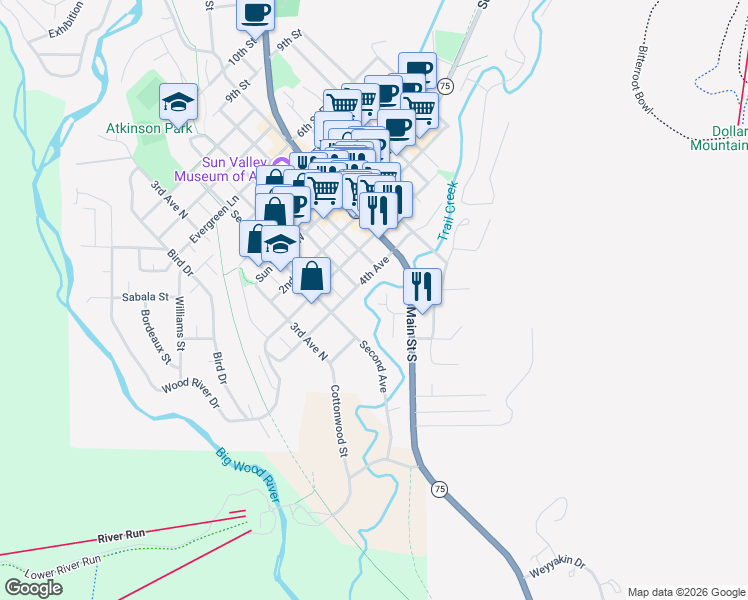 map of restaurants, bars, coffee shops, grocery stores, and more near 260 2nd Avenue South in Ketchum