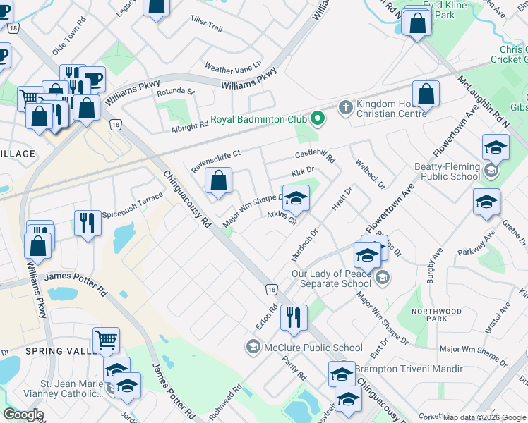map of restaurants, bars, coffee shops, grocery stores, and more near 138 Atkins Circle in Brampton