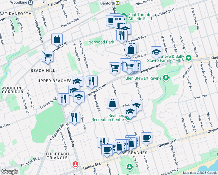 map of restaurants, bars, coffee shops, grocery stores, and more near 350 Lee Avenue in Toronto