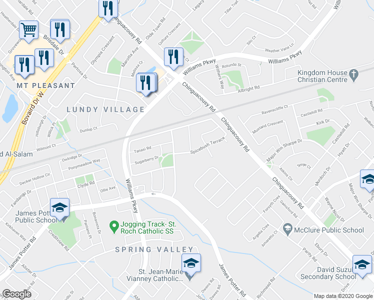 map of restaurants, bars, coffee shops, grocery stores, and more near 4 Wicklow Road in Brampton