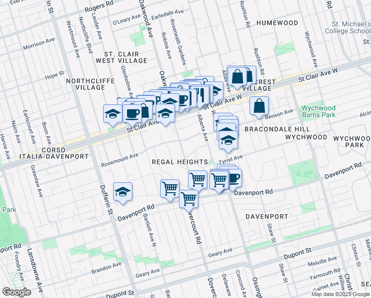 map of restaurants, bars, coffee shops, grocery stores, and more near 91 Oakwood Avenue in Toronto