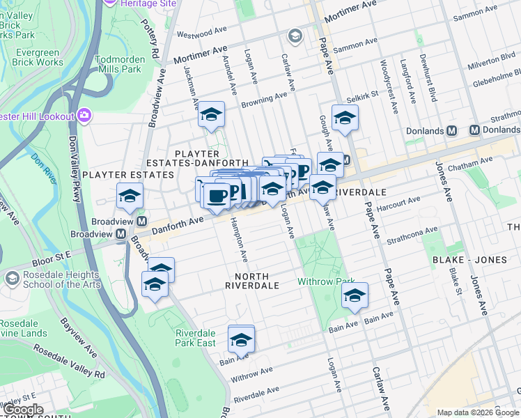 map of restaurants, bars, coffee shops, grocery stores, and more near 421 Danforth Avenue in Toronto