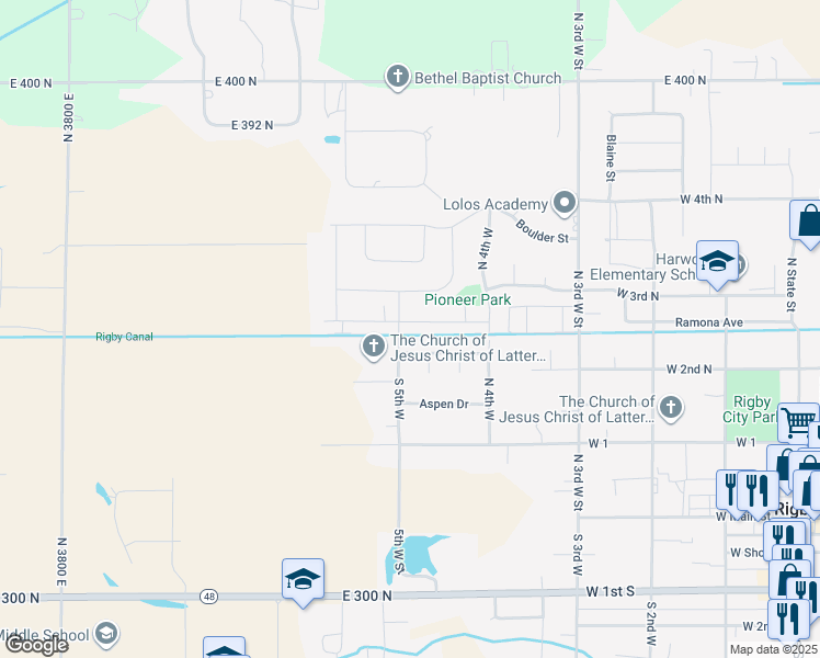 map of restaurants, bars, coffee shops, grocery stores, and more near 687 Caribou Street in Rigby