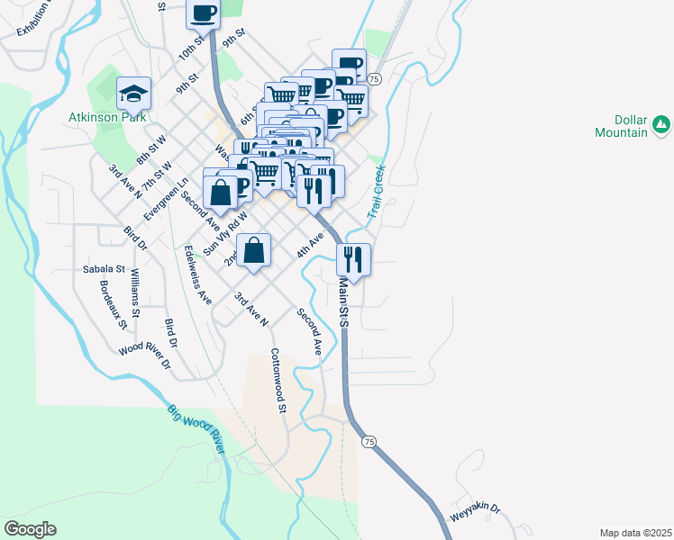 map of restaurants, bars, coffee shops, grocery stores, and more near 311 Main Street South in Ketchum