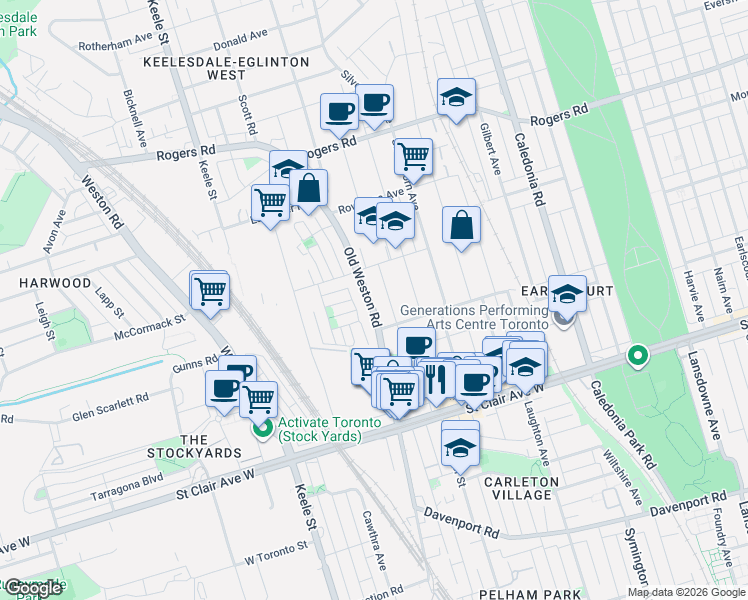 map of restaurants, bars, coffee shops, grocery stores, and more near 525 Old Weston Road in Toronto