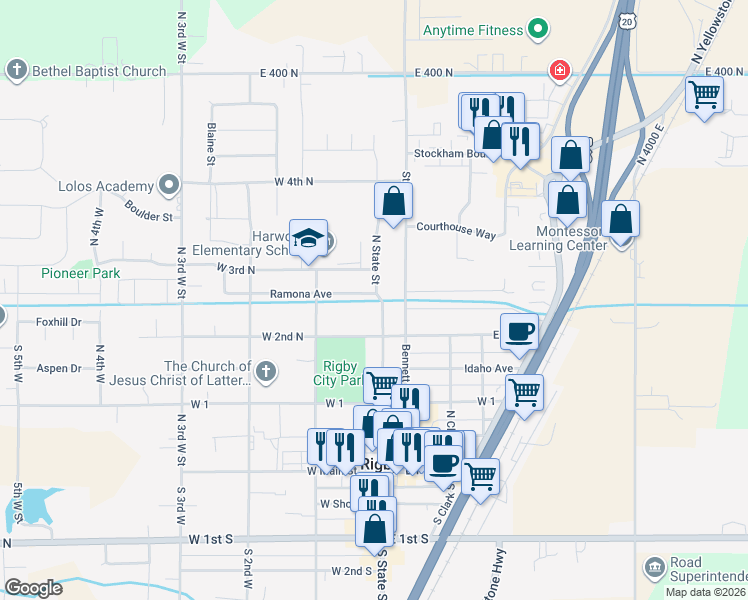 map of restaurants, bars, coffee shops, grocery stores, and more near 311 North State Street in Rigby