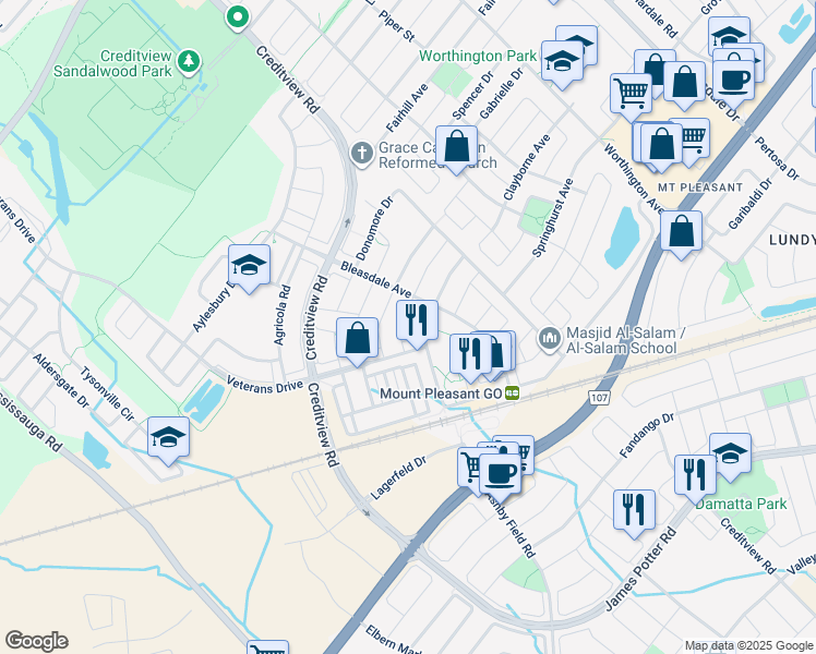 map of restaurants, bars, coffee shops, grocery stores, and more near 45 Lathbury Street in Brampton