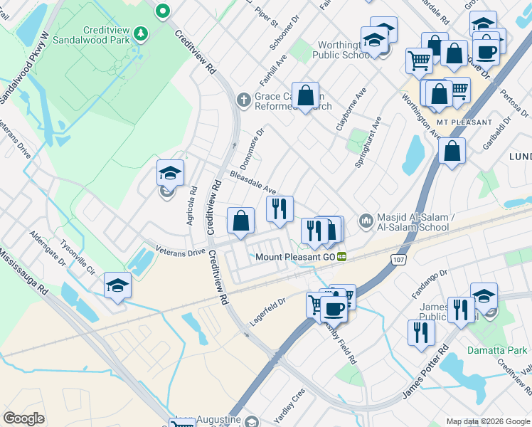 map of restaurants, bars, coffee shops, grocery stores, and more near 92 Lathbury Street in Brampton
