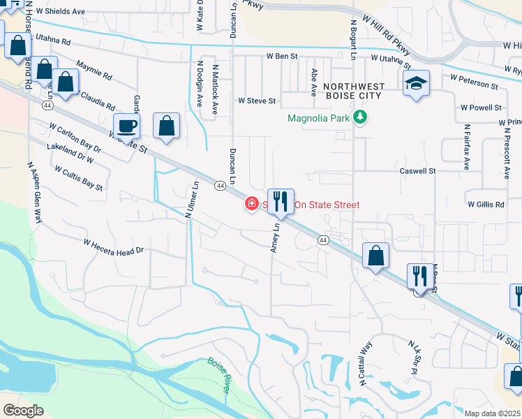 map of restaurants, bars, coffee shops, grocery stores, and more near 9173 West State Street in Garden City