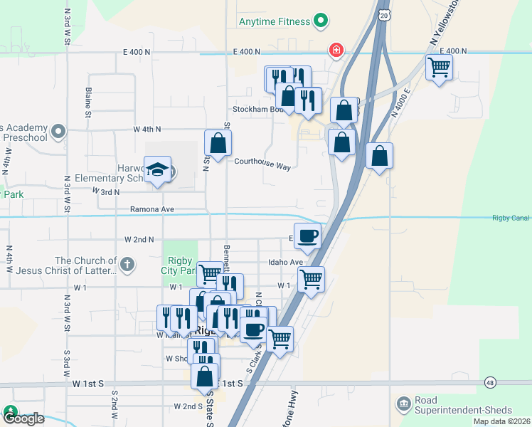 map of restaurants, bars, coffee shops, grocery stores, and more near 195 East 2nd North in Rigby