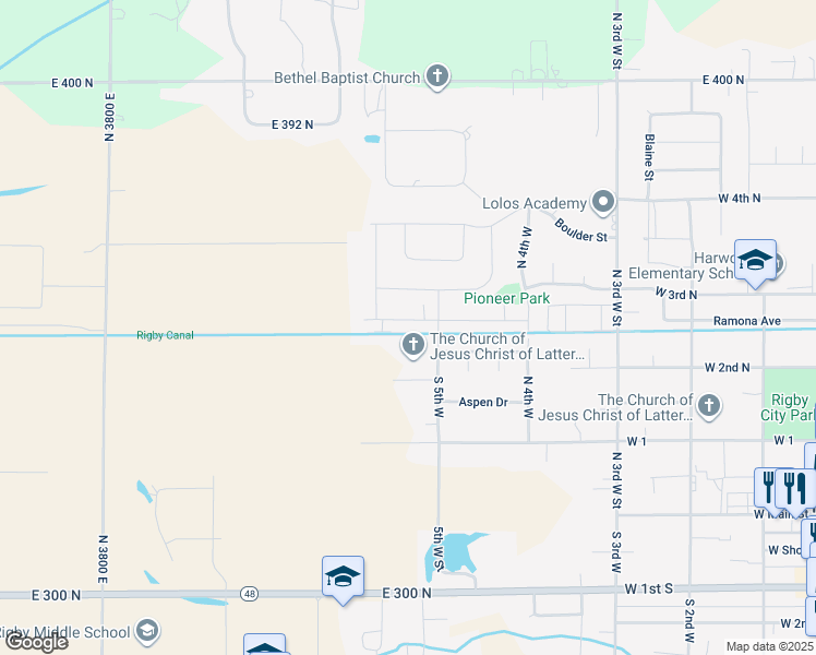 map of restaurants, bars, coffee shops, grocery stores, and more near 602 Sundance in Rigby