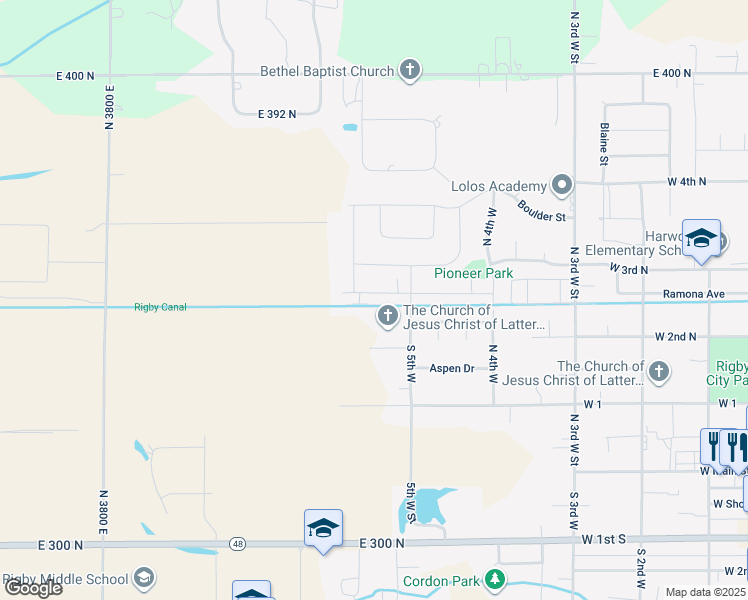 map of restaurants, bars, coffee shops, grocery stores, and more near 602 Sundance in Rigby
