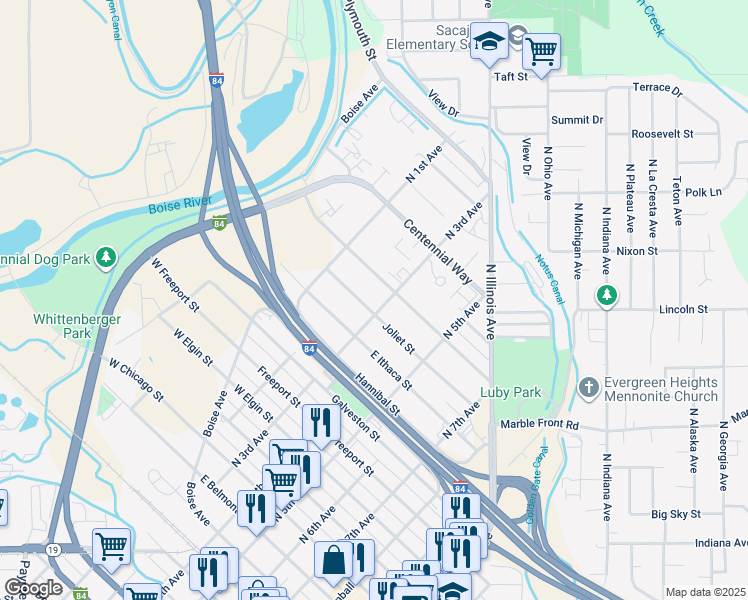 map of restaurants, bars, coffee shops, grocery stores, and more near 1019 North 3rd Avenue in Caldwell