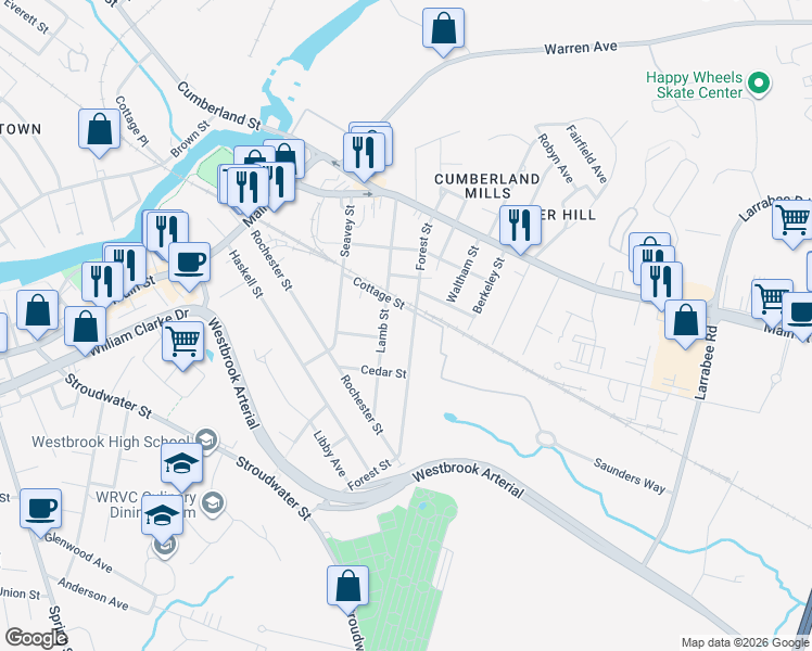 map of restaurants, bars, coffee shops, grocery stores, and more near 108 Lamb Street in Westbrook