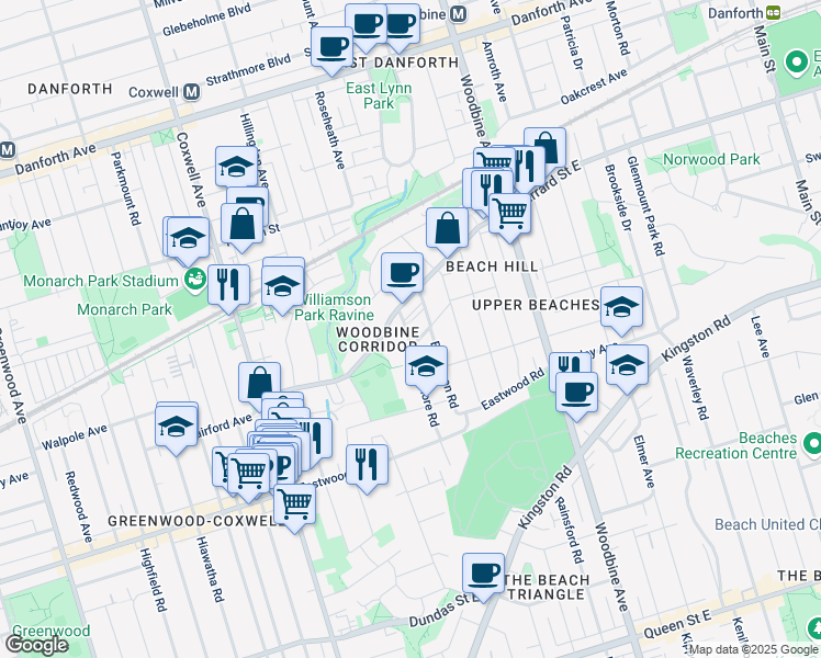 map of restaurants, bars, coffee shops, grocery stores, and more near in Toronto