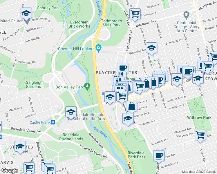 map of restaurants, bars, coffee shops, grocery stores, and more near 32 Cambridge Avenue in Toronto