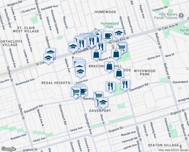 map of restaurants, bars, coffee shops, grocery stores, and more near in Toronto