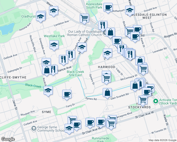 map of restaurants, bars, coffee shops, grocery stores, and more near in Toronto