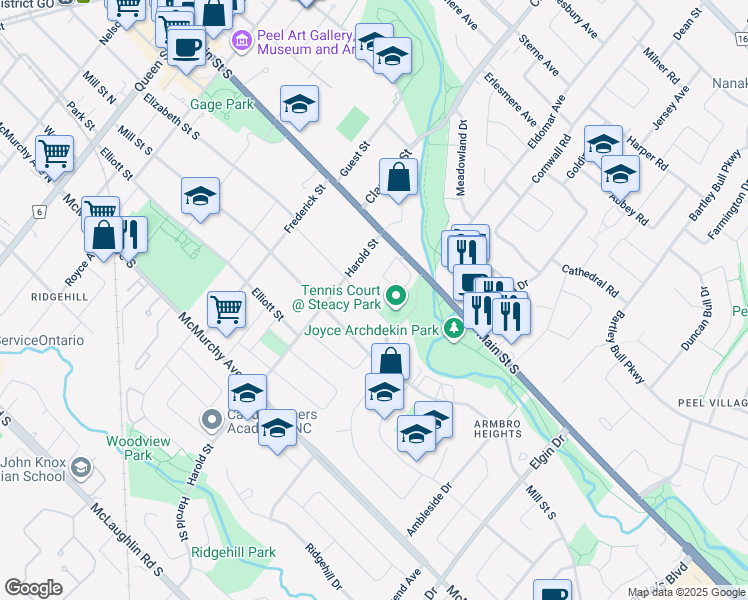 map of restaurants, bars, coffee shops, grocery stores, and more near 157 Elizabeth Street South in Brampton