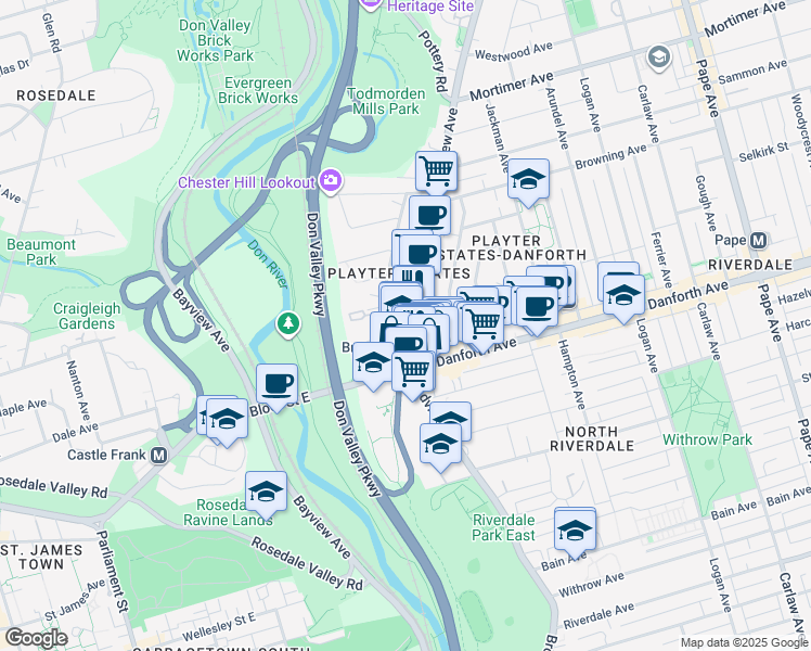 map of restaurants, bars, coffee shops, grocery stores, and more near 800 Broadview Avenue in Toronto