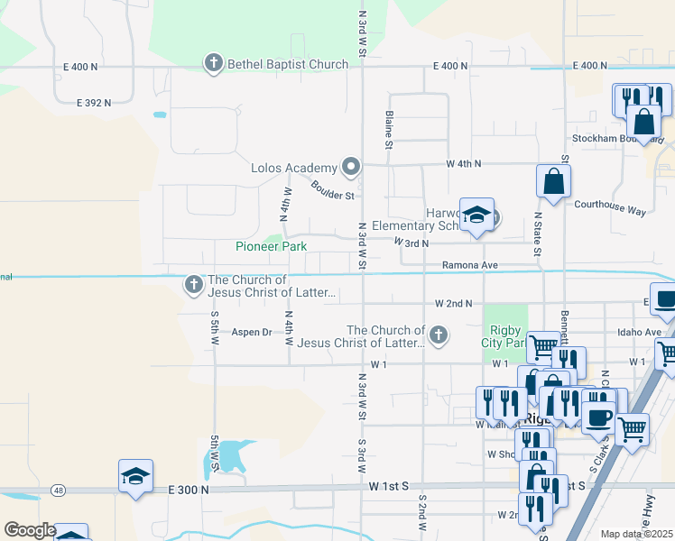 map of restaurants, bars, coffee shops, grocery stores, and more near 359 North 3rd West Street in Rigby