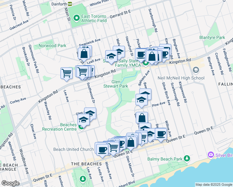 map of restaurants, bars, coffee shops, grocery stores, and more near 71 Beaufort Road in Toronto