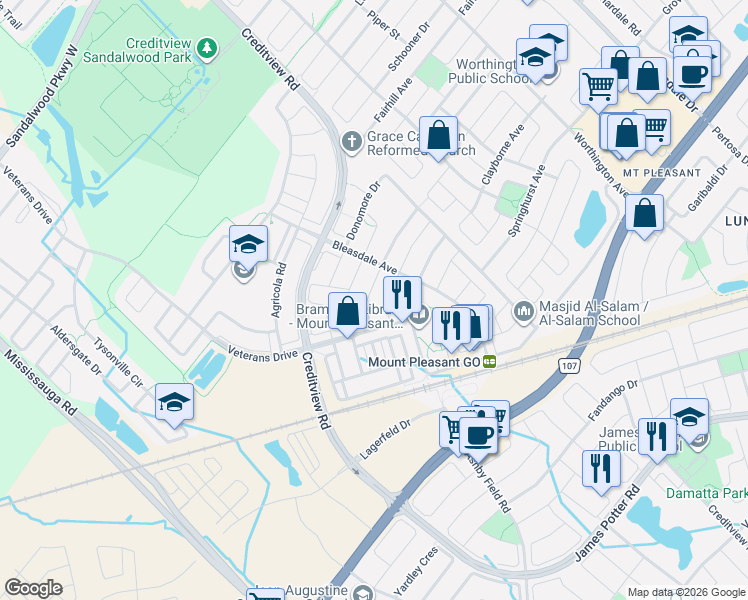 map of restaurants, bars, coffee shops, grocery stores, and more near 97 Bevington Road in Brampton