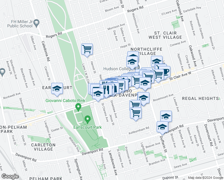 map of restaurants, bars, coffee shops, grocery stores, and more near 16 Earlscourt Avenue in Toronto