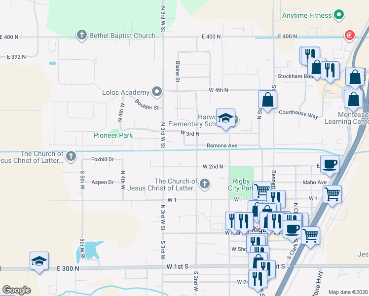 map of restaurants, bars, coffee shops, grocery stores, and more near 343 N 2nd W in Rigby
