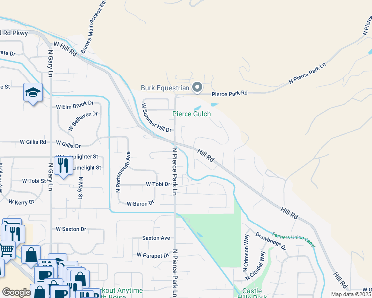 map of restaurants, bars, coffee shops, grocery stores, and more near 6210 North Pierce Park Lane in Boise