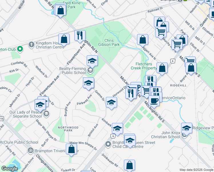 map of restaurants, bars, coffee shops, grocery stores, and more near 7 McClure Avenue in Brampton