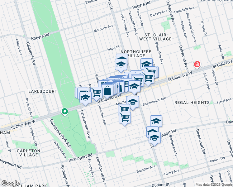 map of restaurants, bars, coffee shops, grocery stores, and more near 1238 Saint Clair Avenue West in Toronto