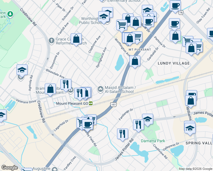 map of restaurants, bars, coffee shops, grocery stores, and more near 72 Rowland Street in Brampton