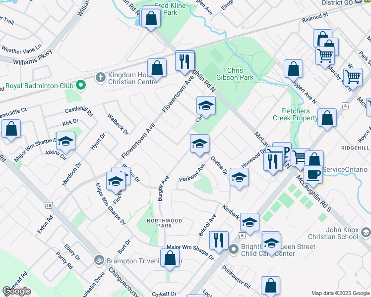 map of restaurants, bars, coffee shops, grocery stores, and more near 10 Burgby Avenue in Brampton