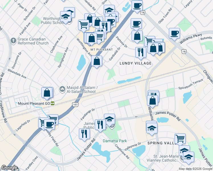 map of restaurants, bars, coffee shops, grocery stores, and more near 75 Wilmont Court in Brampton