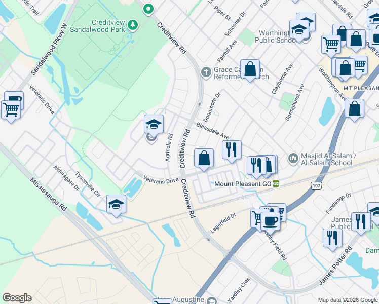 map of restaurants, bars, coffee shops, grocery stores, and more near 27 Betterton Crescent in Brampton