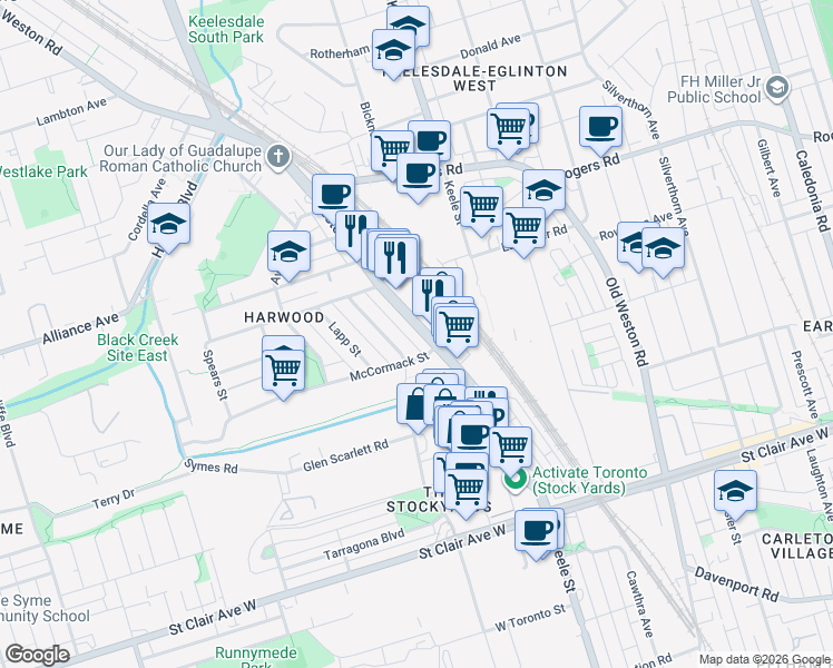 map of restaurants, bars, coffee shops, grocery stores, and more near in Toronto