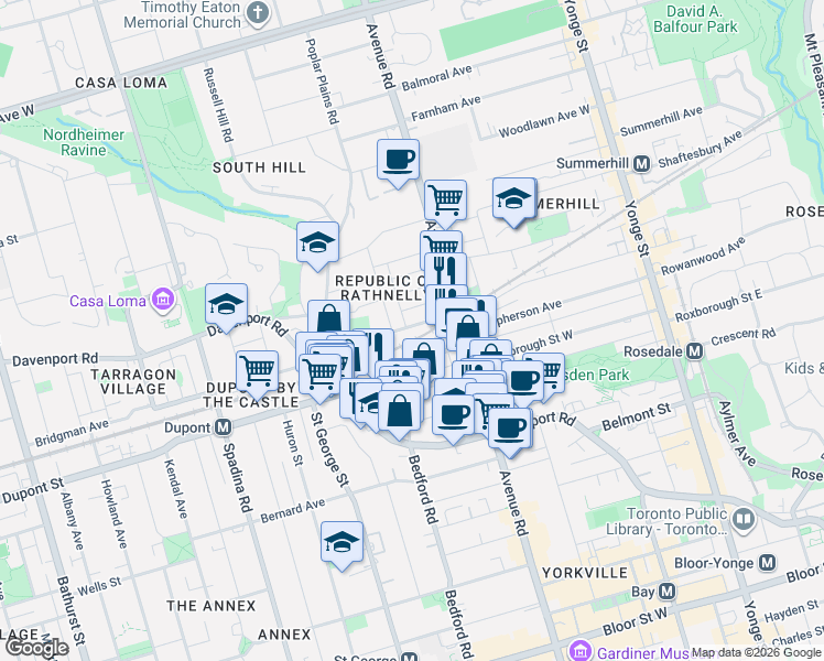 map of restaurants, bars, coffee shops, grocery stores, and more near 231 Macpherson Avenue in Toronto