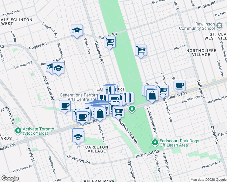 map of restaurants, bars, coffee shops, grocery stores, and more near 83 Caledonia Road in Toronto
