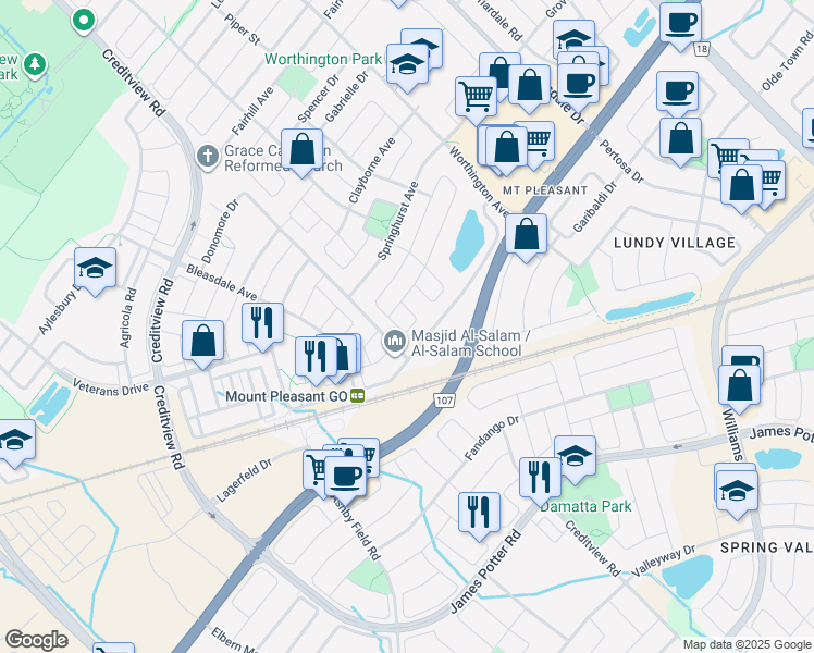 map of restaurants, bars, coffee shops, grocery stores, and more near 43 Rowland Street in Brampton