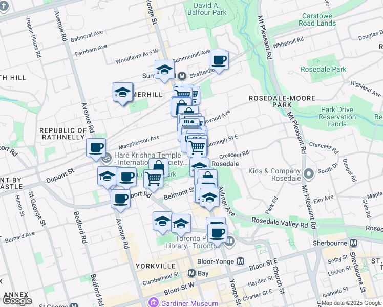 map of restaurants, bars, coffee shops, grocery stores, and more near in Toronto