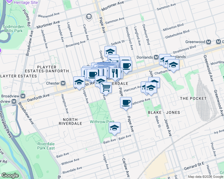 map of restaurants, bars, coffee shops, grocery stores, and more near 11 Gough Avenue in Toronto
