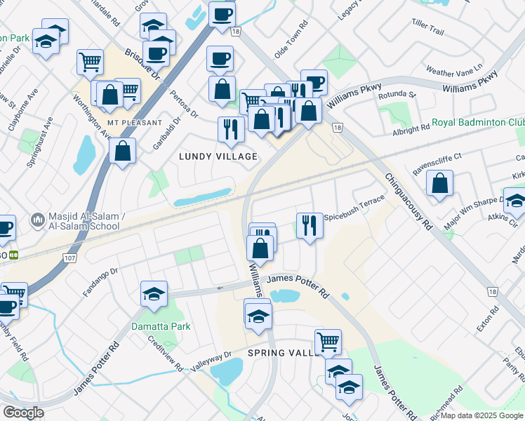 map of restaurants, bars, coffee shops, grocery stores, and more near 76 Tanasi Road in Brampton