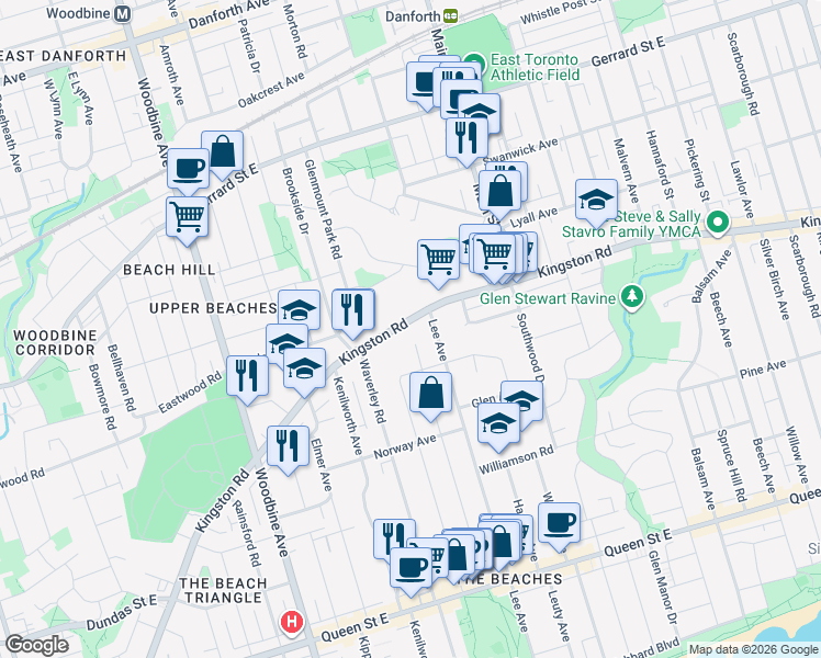 map of restaurants, bars, coffee shops, grocery stores, and more near 517 Kingston Road in Toronto