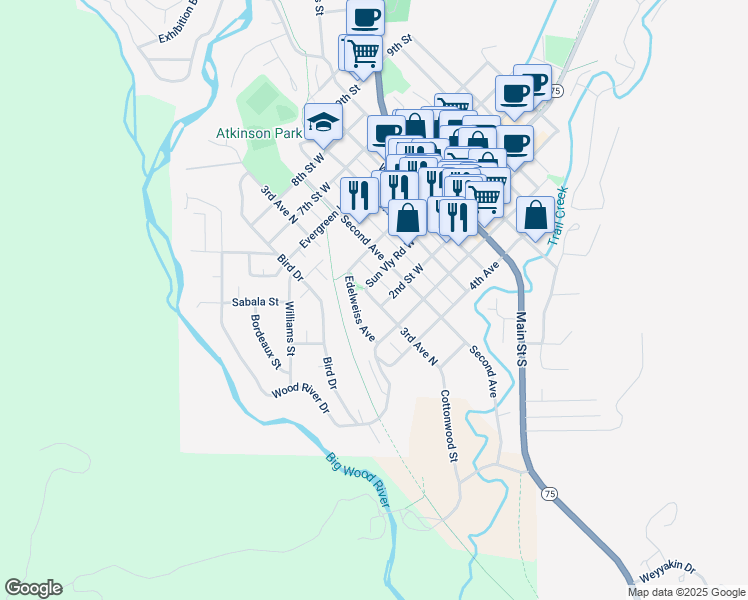 map of restaurants, bars, coffee shops, grocery stores, and more near 201-237 3rd Avenue in Ketchum