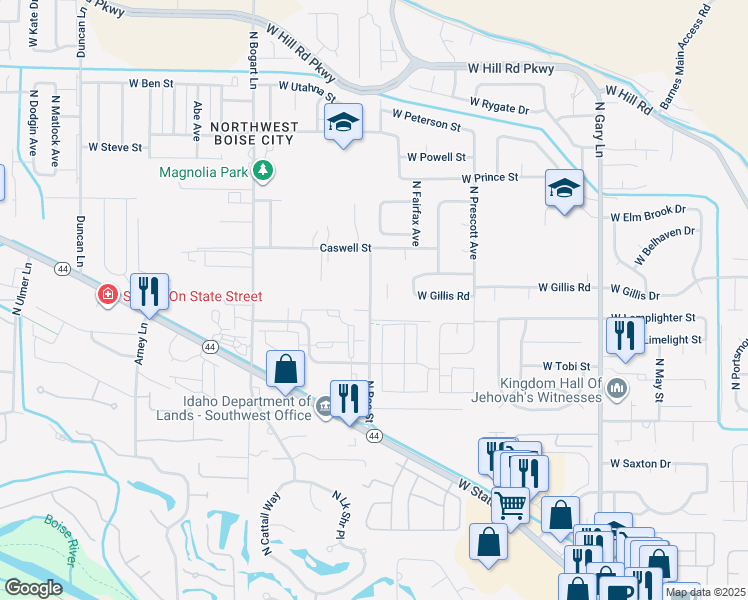 map of restaurants, bars, coffee shops, grocery stores, and more near 6220 North Roe Street in Boise