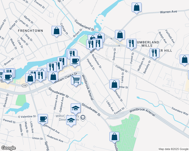 map of restaurants, bars, coffee shops, grocery stores, and more near 85 Haskell Street in Westbrook
