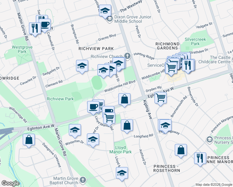 map of restaurants, bars, coffee shops, grocery stores, and more near 120 Widdicombe Hill Boulevard in Toronto