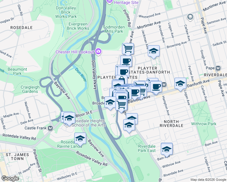 map of restaurants, bars, coffee shops, grocery stores, and more near 61 Cambridge Avenue in Toronto